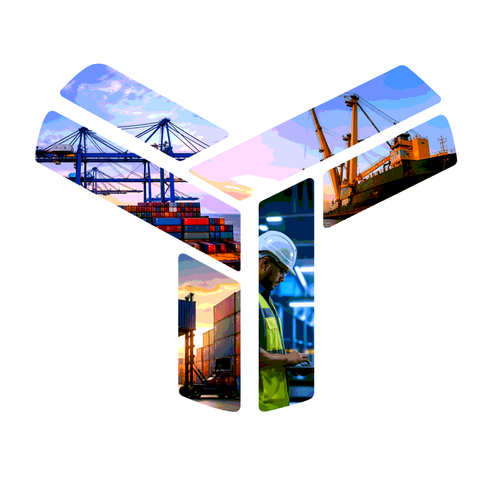 TYSS tri-arm mark filled with port, shipping and industrial photography